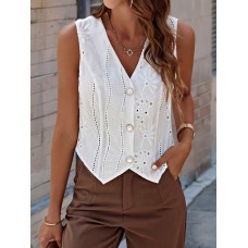 Oxryal Feminine Vests Embroidered Eyelet Vest - Button Front, Sleeveless Style - Perfect for Spring & Summer Wardrobe - Fashionable and Breathable Womens Clothing M