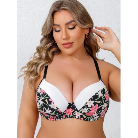 Prettymoon Women's Plus Elegant Bra, Plus Size Colorblock Floral Print Bow Decor Molded Cup Underwire Bra XL