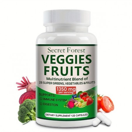 Secret Forest Nutraceuticals for use as a dietary supplement Fruit And Veggies Food Supplement - Superfood Blend - 28 Powerful Ingredients With Alfalfa, Beet Root And Ginger For Energy, Immune And Gut Health - 120 Capsules 