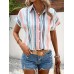 Airsuper Striped Print Button Front Shirt, Casual Short Sleeve Shirt For Spring & Summer, Women's Clothing M