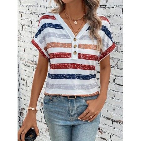 Yesangle Women'S Striped Print V-Neck T-Shirt with Buttons - Polyester Knit Fabric for All Seasons M