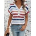 Yesangle Women'S Striped Print V-Neck T-Shirt with Buttons - Polyester Knit Fabric for All Seasons M