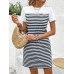 Airsuper Striped Print Button Detail Dress, Casual Short Sleeve Crew Neck Dress, Women's Clothing M