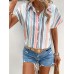 Airsuper Striped Print Button Front Shirt, Casual Short Sleeve Shirt For Spring & Summer, Women's Clothing M