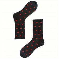 Yesangle 1 Pair Men's Socks, Black with Red Hearts, Mid-Calf Length, Knit Fabric, Spandex Blend, Polyester, Hand Wash or Dry Clean