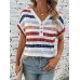 Yesangle Women'S Striped Print V-Neck T-Shirt with Buttons - Polyester Knit Fabric for All Seasons M