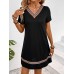 Yesangle Ethnic Tape V-neck Contras Trim Dress, Elegant Short Sleeve Loose Dress For Spring & Summer, Women's Clothing M