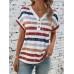 Yesangle Women'S Striped Print V-Neck T-Shirt with Buttons - Polyester Knit Fabric for All Seasons M