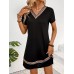 Yesangle Ethnic Tape V-neck Contras Trim Dress, Elegant Short Sleeve Loose Dress For Spring & Summer, Women's Clothing M