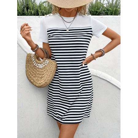 Airsuper Striped Print Button Detail Dress, Casual Short Sleeve Crew Neck Dress, Women's Clothing M