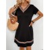 Yesangle Ethnic Tape V-neck Contras Trim Dress, Elegant Short Sleeve Loose Dress For Spring & Summer, Women's Clothing M