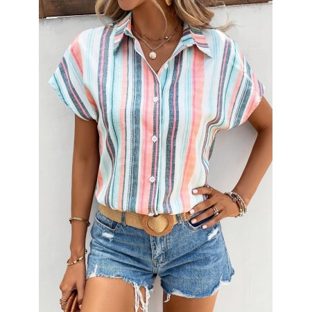 Airsuper Striped Print Button Front Shirt, Casual Short Sleeve Shirt For Spring & Summer, Women's Clothing M