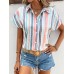 Airsuper Striped Print Button Front Shirt, Casual Short Sleeve Shirt For Spring & Summer, Women's Clothing M