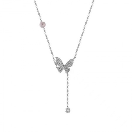 Sweet Pomelo Sterling silver simple temperament flash diamond butterfly tassel necklace female tide light luxury senior sense pearl collarbone chain