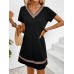 Yesangle Ethnic Tape V-neck Contras Trim Dress, Elegant Short Sleeve Loose Dress For Spring & Summer, Women's Clothing M