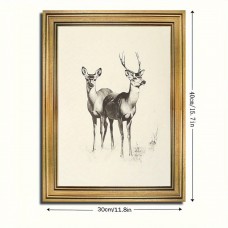 Mythoney Picture Frames Vintage Deer Sketch Art Set - 1pc Golden Framed Canvas Print, Antique Style Ink Drawing Wall Art for Home & Living Room Decor, 29.97cm x 39.88cm