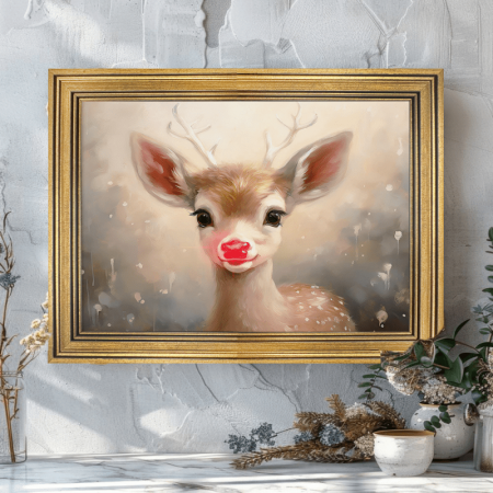 Sapdeland Picture Frames Vintage Adorable Reindeer with Red Nose, Perfect for Christmas Holiday Decorations - 29.97cm X 39.88cm Artwork for Living Room Walls